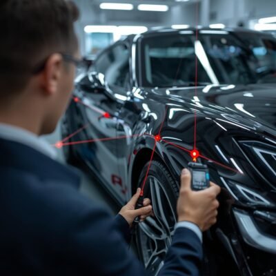 Home technician measuring and preparing for advanced driver assistance system calibration ADAS