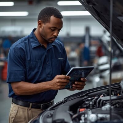 Home technician performing diagnostics on adas systems holding scanner