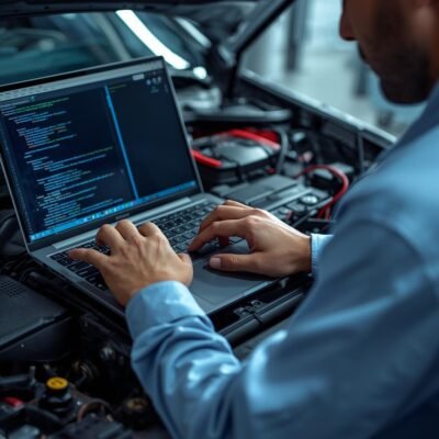 Home ecu electronic control module being programmed by technician on car on laptop